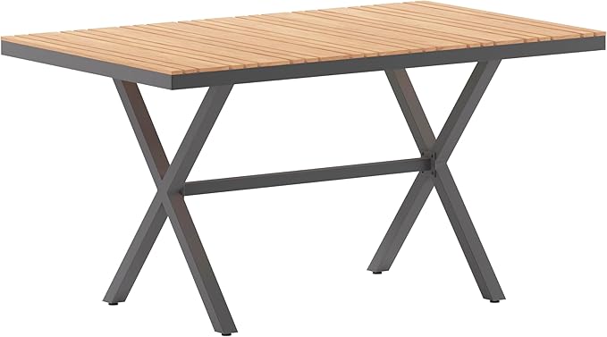 Flash Furniture Finch Commercial Grade X-Frame Outdoor Dining Table 59" x 35.5" with Faux Teak Poly Slats and Metal Frame, Natural/Gray