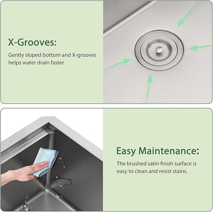 27 Inch Undermount Kitchen Sink Workstation 16 Gauge Stainless Steel Sink Round Corners Single Bowl Under Counter Legde Deep Kitchen Sinks Basin, 27"x19"x9"