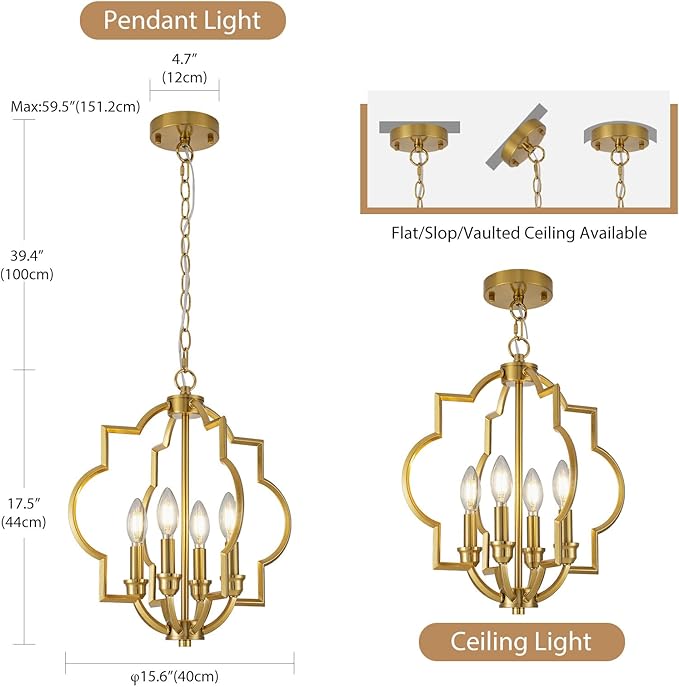 4-Light Brushed Gold Chandeliers for Dining Room, 15.6" Farmhouse Geometric Pendant Light Fixture for Entryway Foyer Kitchen Bathroom Over Sink