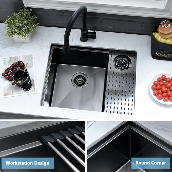 24 Inch Black Undermount Kitchen Sink with Glass Rinser-VASOYO 24x19 Black Kitchen Sink Undermount Workstation Wet Bar Sinks 16 Gauge Deep Single Bowl with Cup Washer