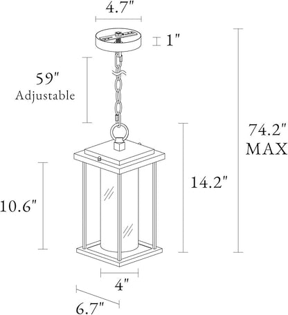 Outdoor Pendant Light Fixture, Farmhouse Exterior Hanging Lights with Water Ripple Glass & Adjustable Chain, Black Ceiling Outdoor Rectangle Hanging Lantern for Front Door, Entry, Porch, and Gazebo