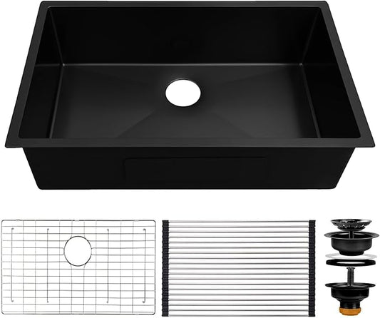 Darker Black 32x19 Inch Undermount Kitchen Sink - CELAENO Modern 16 Gauge Extremely Durable Single Bowl Stainless Steel Sink with Anti-scratches Nano Surface