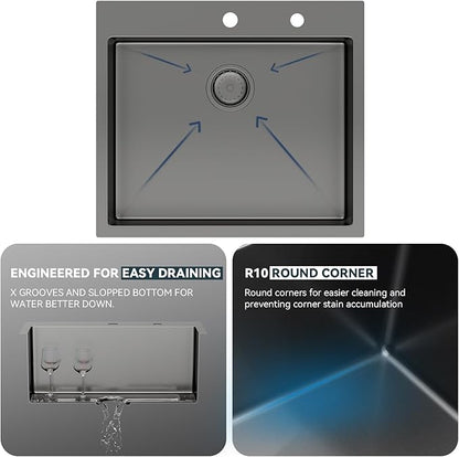 Lordear 25 Drop In Kitchen Sink 25 x 22 inch Gunmetal Black Drop Sink 16 Gauge Stainless Steel Single Bowl Topmount Over Counter Bar Prep Kitchen Sinks Basin