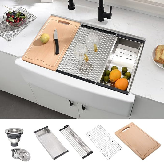 33 Inch White Farmhouse Sink Workstation-Hovheir 33x21 Apron Front Farm Sink White Fireclay Porcelain Ceramic Farmhouse Kitchen Sinks Workstation Deep Single Bowl Farmer Sinks with Cutting Board