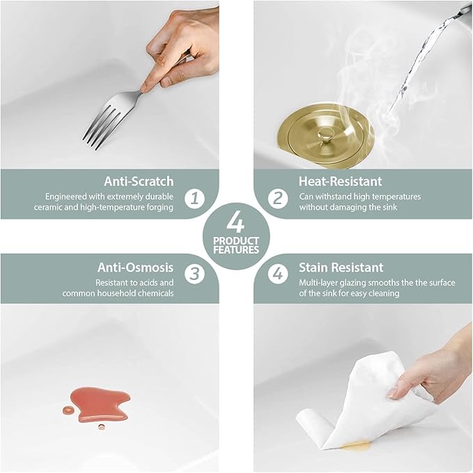 Kichae 33 White Farmhouse Kitchen Sink - 33X20 Inch Ledge Workstation Reversible Fluted Apron Front Ceramic Porcelain Farm Sinks Single Bowl with Gold Drain