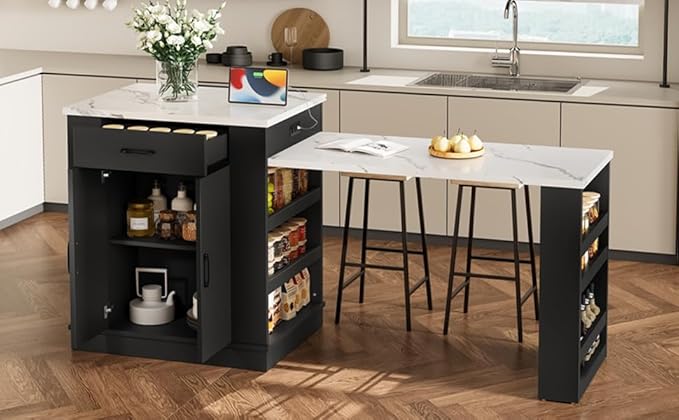 Kitchen Island Console with Storage, White and Natural Wood Top, Extendable Dining Table with Drawers and Shelves, 80.7 x 33.4 x 35.3 Inches (Black)