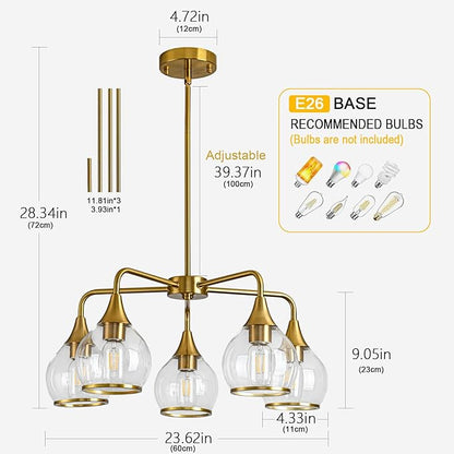 Island Light for Kitchen, 5-Light Gold Kitchen Island Linear Hanging Light Chandeliers Dining Room Light Fixture Over Table with Clear Round Glass Shades