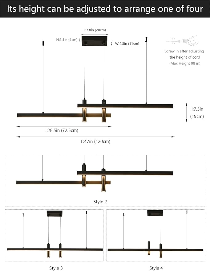 Modern Black Linear Pendant Lights Kitchen Island Lighting Minimalist Led Chandeliers Pool Table Light Dimmable Ceiling Hanging Light Fixture Dining Room with Remote Control (47in)