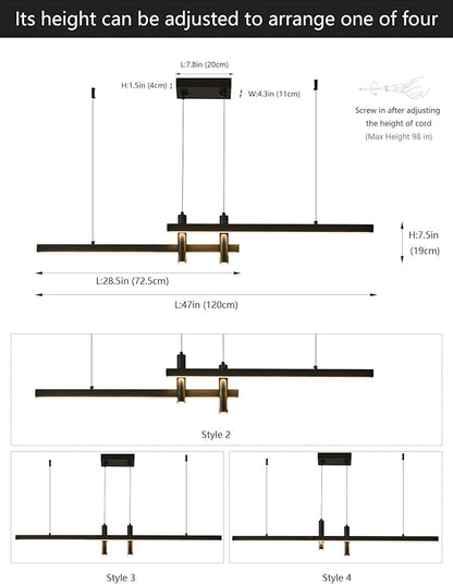 Modern Black Linear Pendant Lights Kitchen Island Lighting Minimalist Led Chandeliers Pool Table Light Dimmable Ceiling Hanging Light Fixture Dining Room with Remote Control (47in)