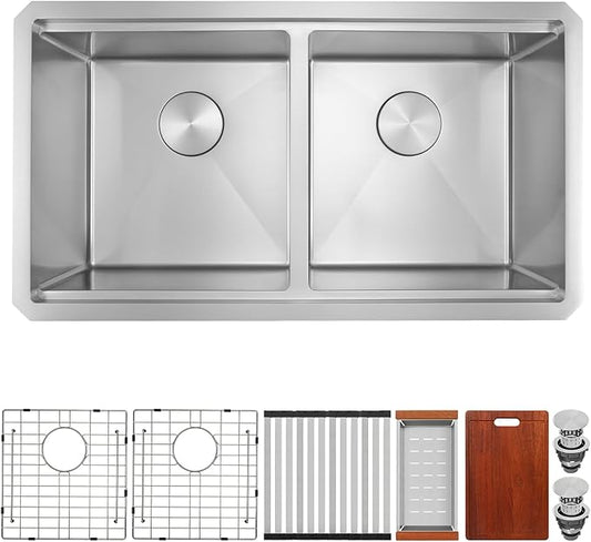Undermount Double Kitchen Sink, 16 Gauge SUS304 Stainless Steel Kitchen Sinks,50/50 Features All In One Workstation Sinks with Accessories, 32"x 18" x 10" Large and Deep Double Kitchen Sink