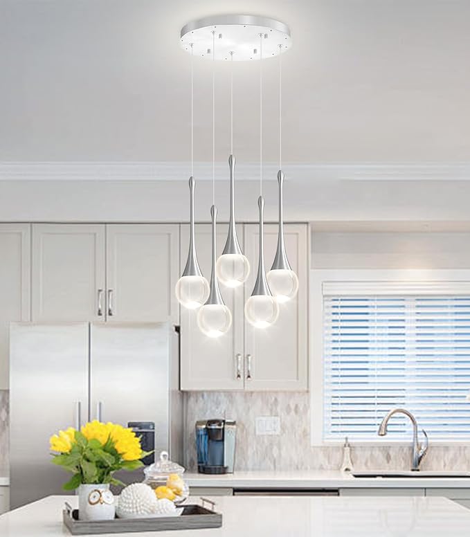 Crystal Chandelier for Dining Room Glam 5 Light Cluster Crystal Pendant Light Dimmable LED Chandeliers for Kitchen Island Living Room Sivler