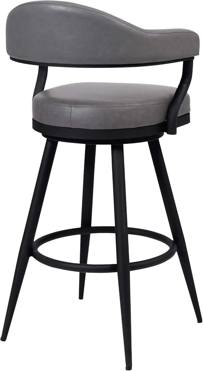 Armen Living Justin Modern Farmhouse 30" Seat Height Swivel Vintage Gray Faux Leather Bar Stool with Black Metal Legs for Kitchen Island Counter, Set of 2