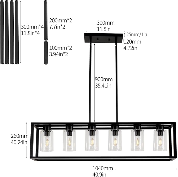 Farmhouse Dining Room Light Fixture Kitchen Island 6-Light Pendant Lighting， Adjustable Rectangle Black Contemporary Chandeliers with Glass Shade (6 Light)