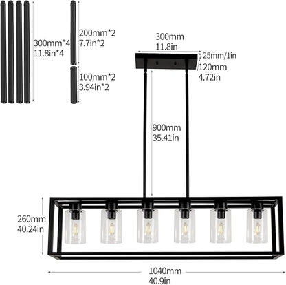 Farmhouse Dining Room Light Fixture Kitchen Island 6-Light Pendant Lighting， Adjustable Rectangle Black Contemporary Chandeliers with Glass Shade (6 Light)