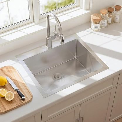 HOTIS 22x18 Inch Drop In Kitchen Sink, Stainless Steel Handmade Single Bowl Topmount Kitchen Sink, Brushed Nickel Prep Sink with Strainer