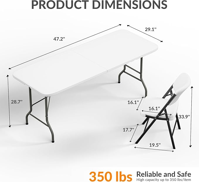 Elevon Folding Table Set with 8 White Folding Chairs,6 Feet Heavy Duty Fold-in-Half Utility Table Sets for Picnic, Event, Training, Outdoor Activities, at Home and Commercial Use