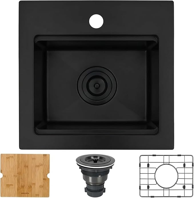 Black Drop In Bar Sink,16 Gauge 304S Stainless Steel Top Mount Kitchen SinK, All In One Workstation Sink with Accessories, 15" x 15" x 9" Small Kitchen Sink for RV,Outdoor and Wet bar