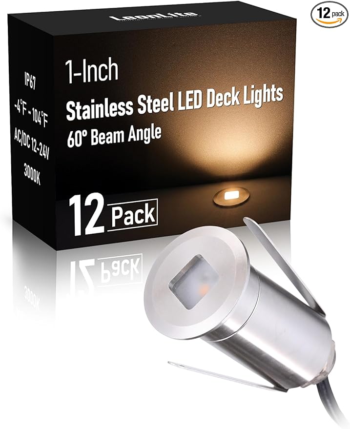 LEONLITE 12-Pack Recessed Low Voltage LED Deck Light with Flat Square Aperture, 1-Inch 12-24V AC/DC Landscape Step Stair Light, CRI90 IP67 Waterproof, Stainless Steel Housing, 3000K Warm White, Silver