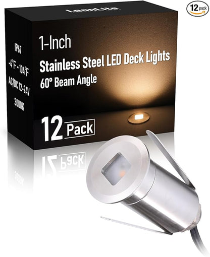 LEONLITE 12-Pack Recessed Low Voltage LED Deck Light with Flat Square Aperture, 1-Inch 12-24V AC/DC Landscape Step Stair Light, CRI90 IP67 Waterproof, Stainless Steel Housing, 3000K Warm White, Silver