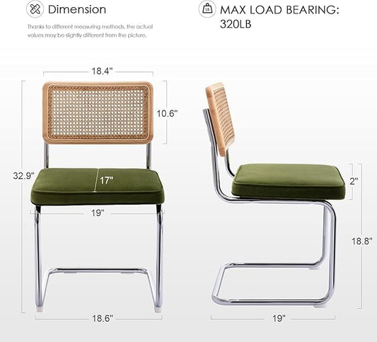 Zesthouse Natural Rattan Dining Chairs Set of 6, Olive Green Modern Kitchen Chairs with Solid Wood Back & Chrome Base, Mid Century Breuer Design Inspired, Upholstered Luxurious Velvet Fabric