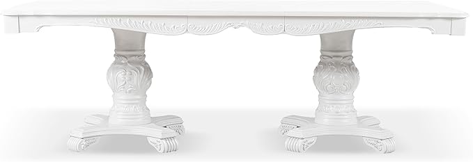 Furniture of America Adair Traditional Solid Wood 95-inch Expandable Dining Table with Double Pedestal and Carved Details, Seats up to 8, for Home, Kitchen, Living Room, White