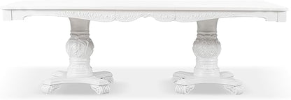 Furniture of America Adair Traditional Solid Wood 95-inch Expandable Dining Table with Double Pedestal and Carved Details, Seats up to 8, for Home, Kitchen, Living Room, White