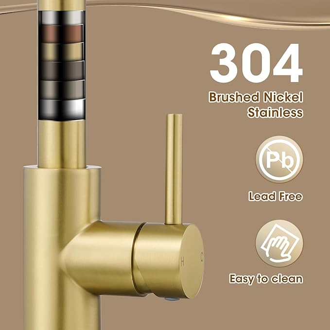 Kitchen Faucet with Pull Down Sprayer, Brushed Gold High Arc Single Handle Spring Pull Out Stainless Steel Faucet for Kitchen Sink, 2 Mode Utility Ideal for Laundry Camper Bar RV Room