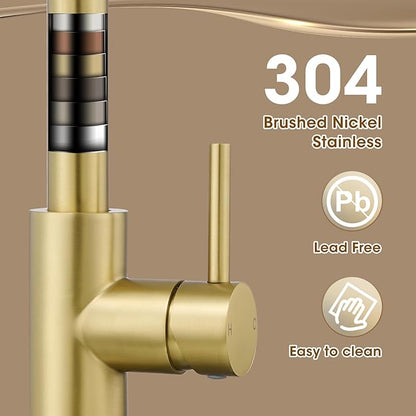 Kitchen Faucet with Pull Down Sprayer, Brushed Gold High Arc Single Handle Spring Pull Out Stainless Steel Faucet for Kitchen Sink, 2 Mode Utility Ideal for Laundry Camper Bar RV Room