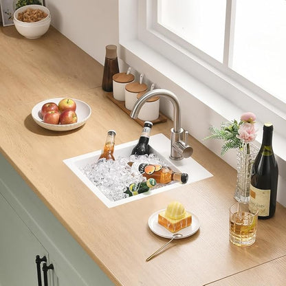 13x15 Inch Drop In Bar Sink, White Granite Composite Quartz Drop In Sink RV Wet Bar Prep Sink Quartz Topmount Single Bowl Kitchen Basin with Small Rubber Squeegee