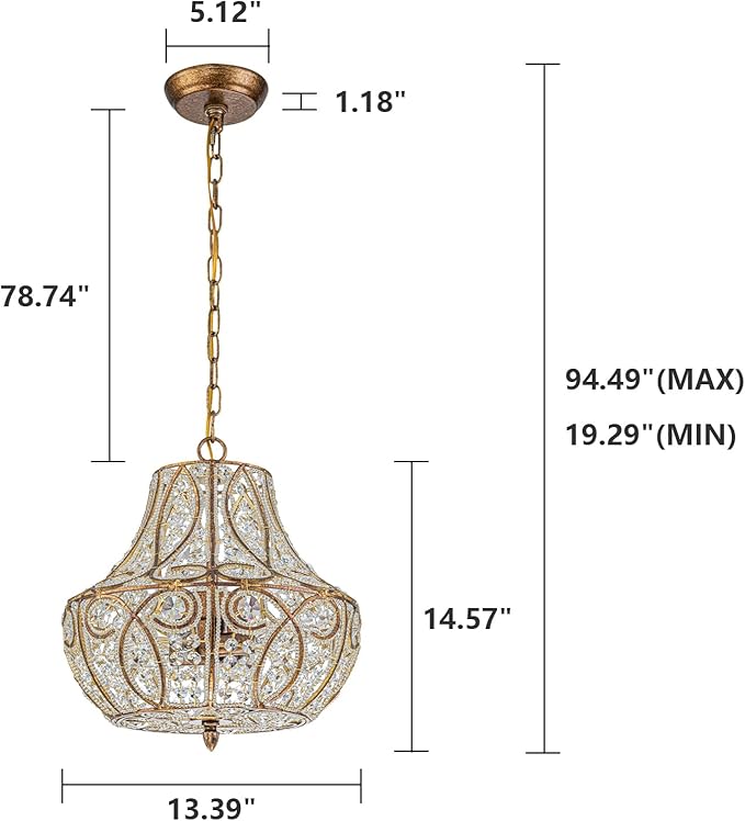 4-Light Antique Gold Gourd Beaded Chandelier, 13" Vintage Crystal Pendant Lighting Fixture for Dining Room, Living Room, Kitchen Island, Bedroom