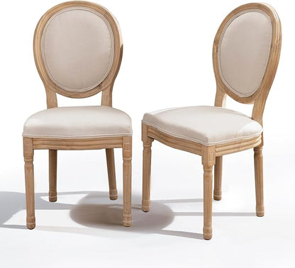 SoarFlash Linen French Dining Chairs Set of 2, Vantage Dining Chair with Round Back, Wood Leg Farmhouse Country Dining Chair for Living Room,Kitchen,Bedroom,Beige