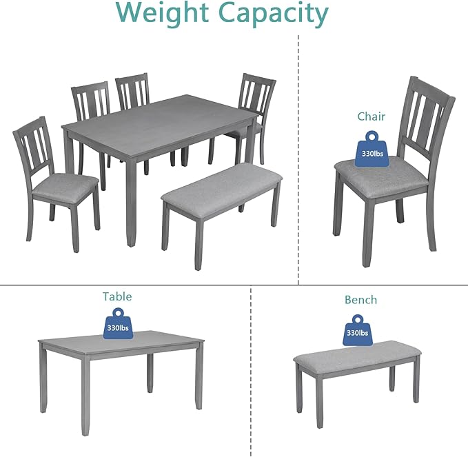 6-Piece Wooden Dining Table Set with 4 Upholstered Chairs and 1 Bench, Rectangular Kitchen Table Set for 6 People, Modern Dining Room Table for Kitchen and Dining, Gray