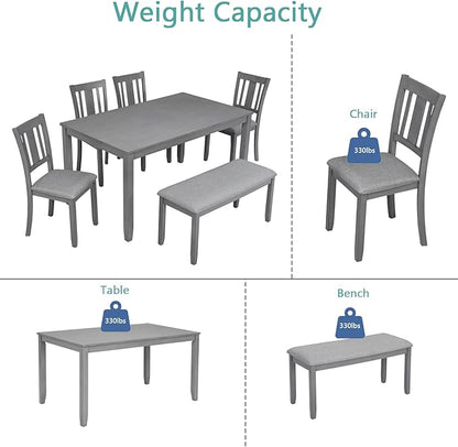6-Piece Wooden Dining Table Set with 4 Upholstered Chairs and 1 Bench, Rectangular Kitchen Table Set for 6 People, Modern Dining Room Table for Kitchen and Dining, Gray