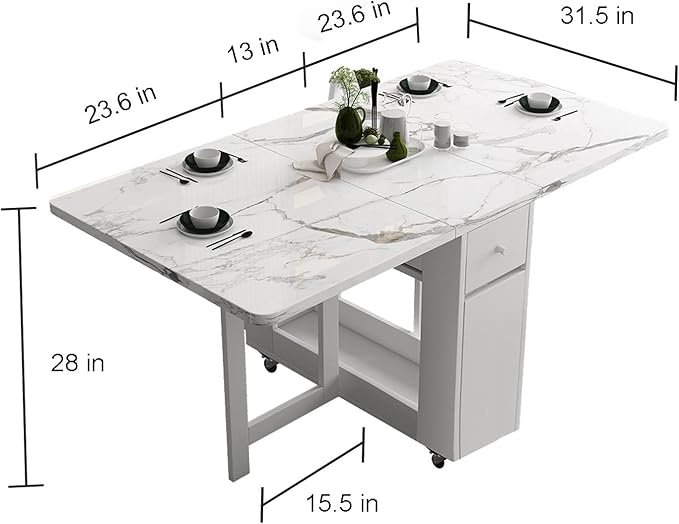 FUNROLUX Folding Dining Table with Rack and 2 Storage Drawers, Movable Extendable Space Saving Kitchen Table in 3 Forms (White)