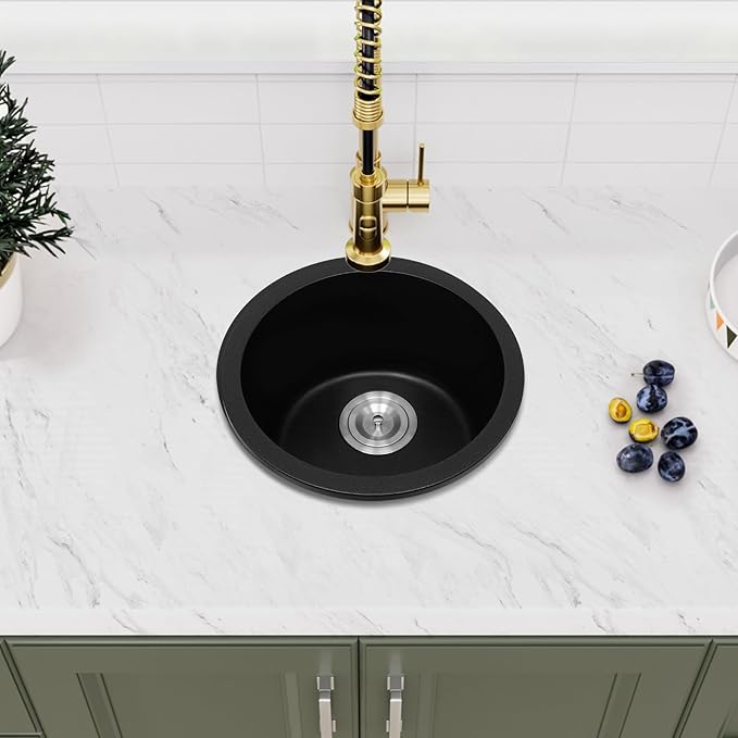 Davivy 15 Inch Black Round Bar Sink,15x15 Dual-Mount Small Granite Bar Prep Sink, Quartz Composite Single Bowl Design with with Bottom Grid & Strainer