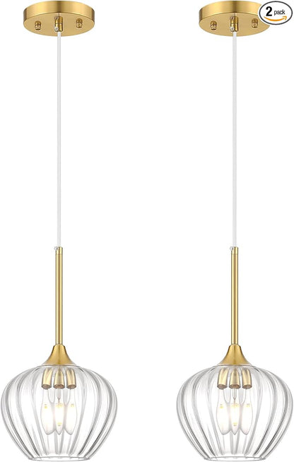 2-Pack Glass Pendant Lights Kitchen Island, 7" Modern Gold Pendant Lighting Adjustable Hanging Light Fixtures for Kitchen, Dining Room, Bathroom, Bedroom