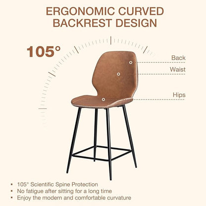 HOMMPA Counter Height Bar Stools Set of 2 Faux Leather 24'' Countertop Stool Chairs with Metal Legs Ergonomic Back Barstools for Kitchen Island Home Brown