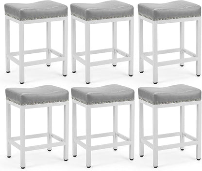 Sweetcrispy 24 inch Bar Stools Set of 6, Upholstered Modern Counter Height Bar Stools for Kitchen Island Modern PU Leather Sadless Stools Chair with Metal Base and Footrest,Grey
