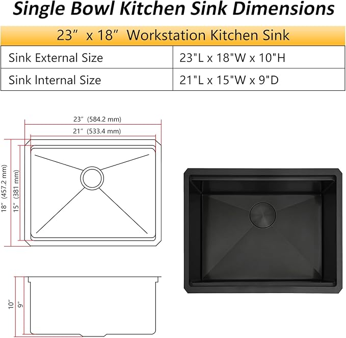 Black Undermount Kitchen Sink,16 Gauge T-304S Stainless Steel Workstation Sinks with Accessories, 23"x 18" X 10" Deep Kitchen Sink can hold Large Pot
