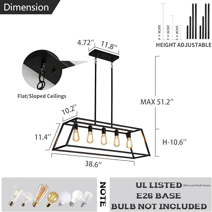 Black Kitchen Island Lighting, 5-Light Farmhouse Chandeliers, Modern Industrial Linear Rectangle Pendant Light Fixtures for Dining Room Kitchen Bar Foyer(Metal, E26 Base)