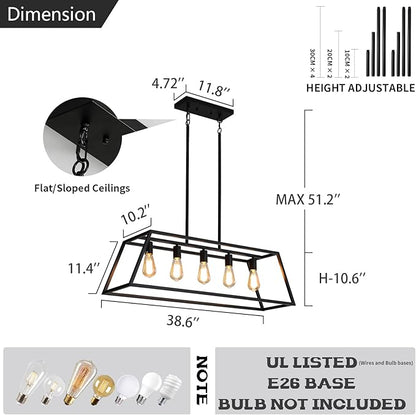 Black Kitchen Island Lighting, 5-Light Farmhouse Chandeliers, Modern Industrial Linear Rectangle Pendant Light Fixtures for Dining Room Kitchen Bar Foyer(Metal, E26 Base)