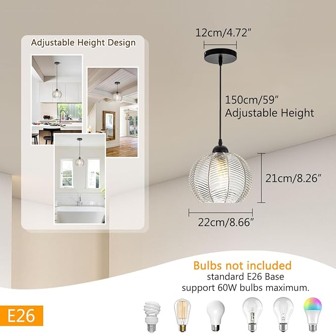 Mid Century Pendant Light Black Glass Pendant Lighting Kitchen Island 3 Light with Clear Ribbed Glass Shade Modern Chandelier Globe Hanging Light for Dining Room Sink Farmhouse