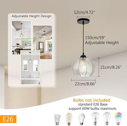Mid Century Pendant Light Black Glass Pendant Lighting Kitchen Island 3 Light with Clear Ribbed Glass Shade Modern Chandelier Globe Hanging Light for Dining Room Sink Farmhouse