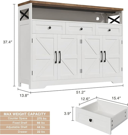 51" Farmhouse Buffet Sideboard Cabinet with Storage, White Kitchen Storage Pantry Cabinet with Drawers, Wood Cupboard Hutch, Coffee Bar Station Table for Kitchen, Living Room, Dining Room