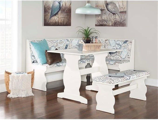Riverbay Furniture Transitional Wood & Fabric Upholstered Corner Nook Dining Set with Table & Bench & Corner Unit, Some Assembly Required, Seats Up to 5 People, in White Finish