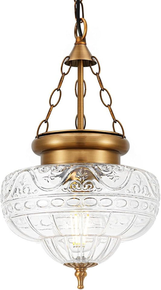 Vintage Pendant Light - Brown Bronze Pendant Lights Kitchen Island with Floral Glass, Penant Lighting Fixtures with Adjustable Chain, Hanging Light Fixtures for Dining Room, Entryway