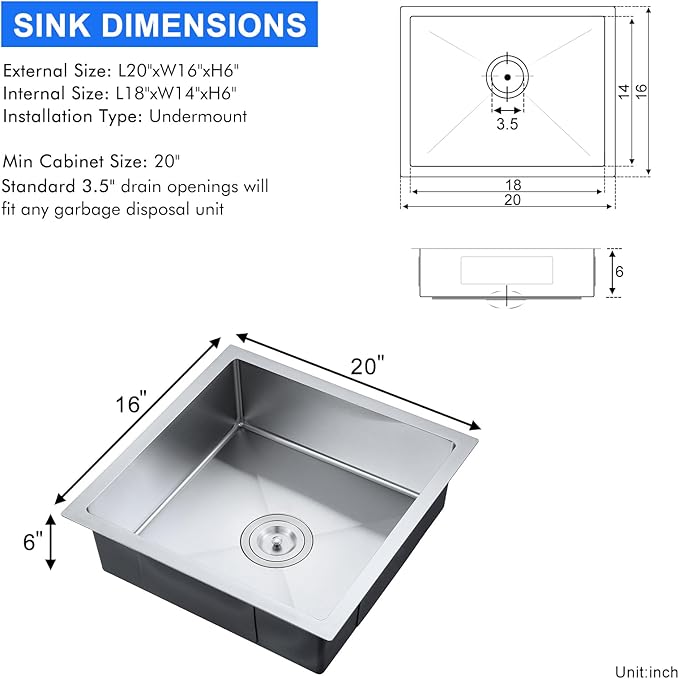 20 x 16 Inch Undermount Kitchen Sink - MENATT 18 Gauge Stainless Steel Handmade Single Bowl Kitchen Sink 6 inch Deep Basin Bowl, Brushed