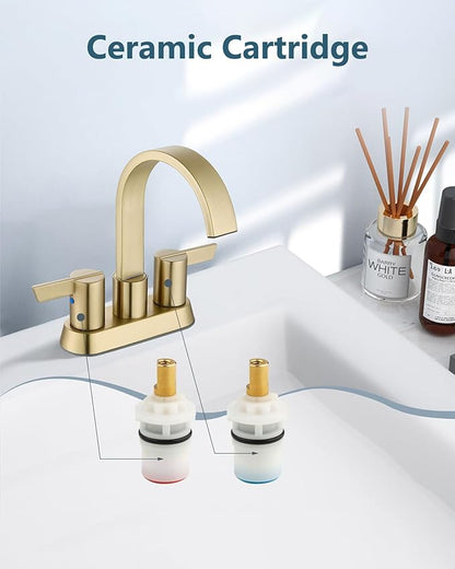 Aolemi Bathroom Faucets for Sink 3 Hole,4 Inch Centerset Waterfall Faucet 2 Handle for Bathroom Sink with Pop-Up Drain and Supply Lines Brushed Gold
