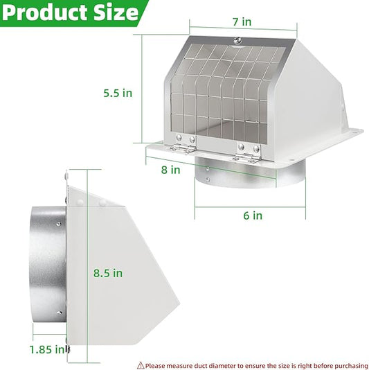6 Inch Hooded Wall Vent with Flap and Mesh,6 inch Dryer Vent Cover,6''Exhaust Vent Cover Cap for Kitchen Range Hood/Dryer/Bathroom Exhaust Duct,Wall Mount Exterior Vent Hood Outdoor with Large Opening