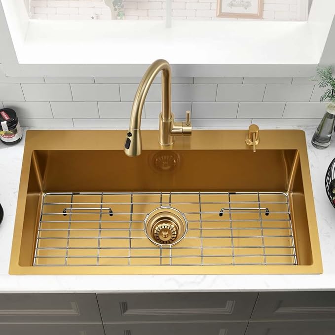 33 Inch Gold Drop In Kitchen Sink -Wesliv 33x22 Inch Gold Kitchen Sink Stainless Steel 18 Gauge 9 Inch Single Bowl Deep Sink with Soap Dispenser & Dish Grid